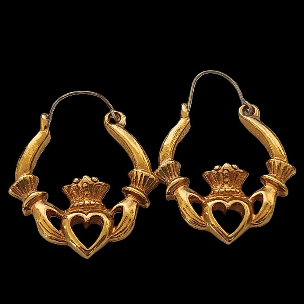 Vintage Claddagh Crown Hands Heart Hoop Earrings, Gold Tone, Estate